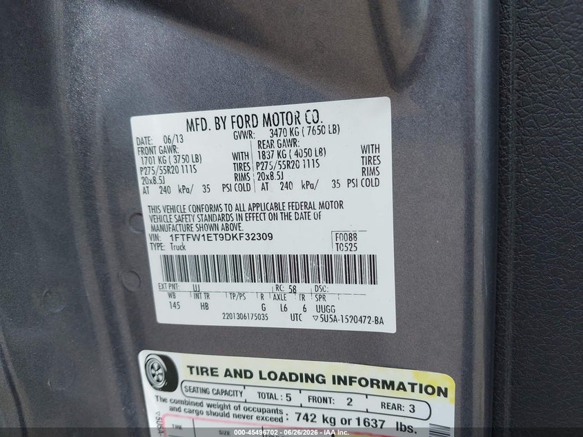 2013 FORD F-150 TRUCK 3.5L V-6 DI, DOHC, VVT, TURBO, 365HP