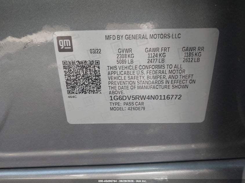 2022 Cadillac Ct5-V V-Series VIN: 1G6DV5RW4N0116772 Lot: 45496764