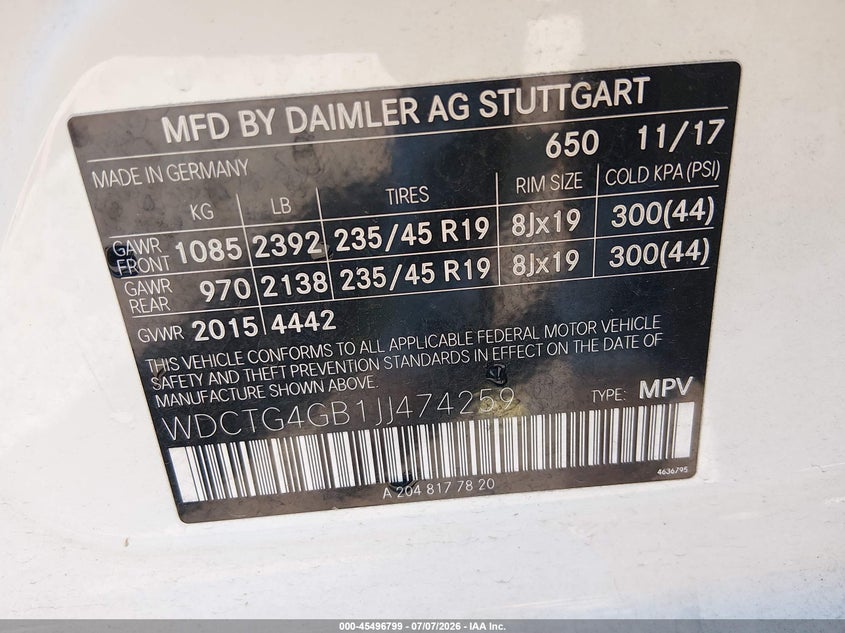 2018 Mercedes-Benz Gla 250 4Matic VIN: WDCTG4GB1JJ474259 Lot: 45496799