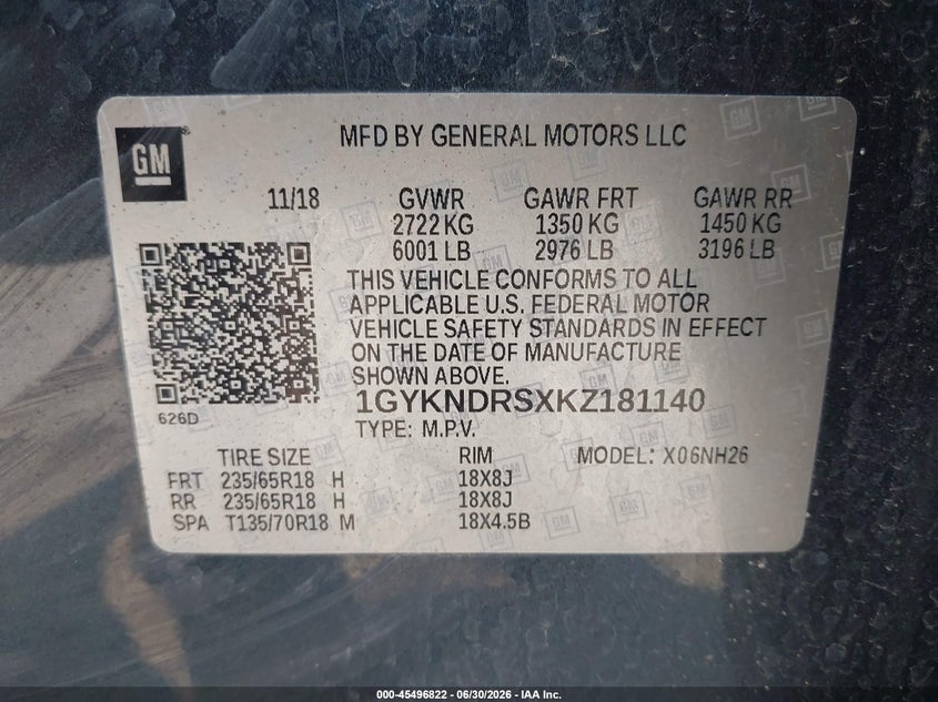 2019 Cadillac Xt5 Luxury VIN: 1GYKNDRSXKZ181140 Lot: 45496822