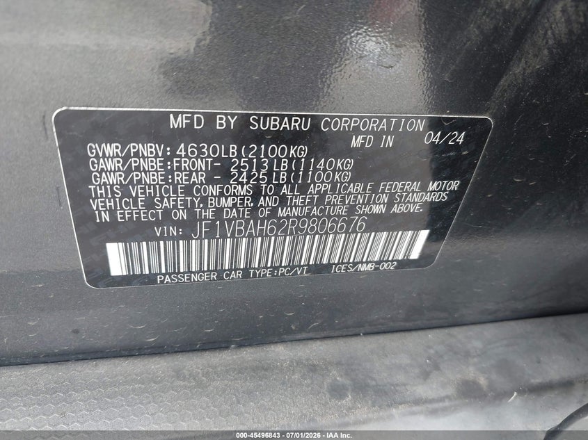2024 Subaru Wrx Premium VIN: JF1VBAH62R9806676 Lot: 45496843
