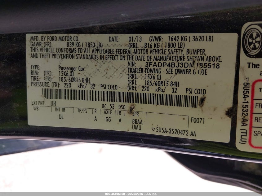 2013 Ford Fiesta Se VIN: 3FADP4BJ3DM185518 Lot: 45496860