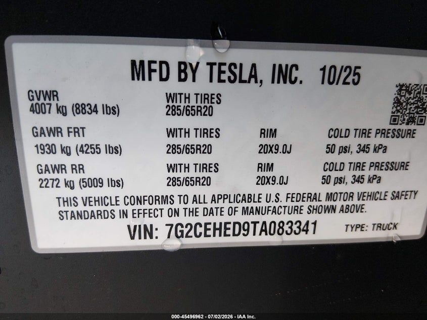 2026 Tesla Cybertruck Dual Motor All-Wheel Drive/Premium All-Wheel Drive VIN: 7G2CEHED9TA083341 Lot: 45496962