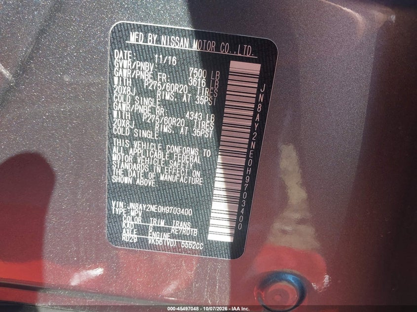 NISSAN ARMADA 2017 VIN JN8AY2NE0H9703400