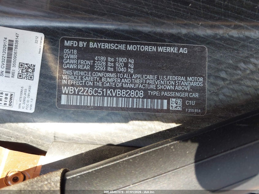 2019 BMW I8 VIN: WBY2Z6C51KVB82808 Lot: 45497075