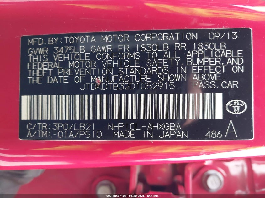 2013 Toyota Prius C Four VIN: JTDKDTB32D1052915 Lot: 45497102