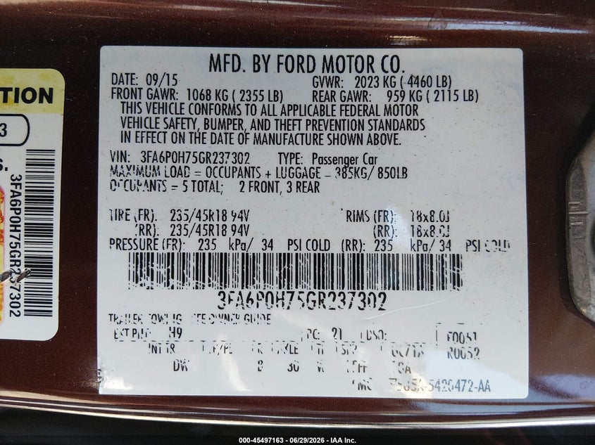 2016 FORD FUSION SEDAN 2.5L I-4 DOHC, VVT, 175HP