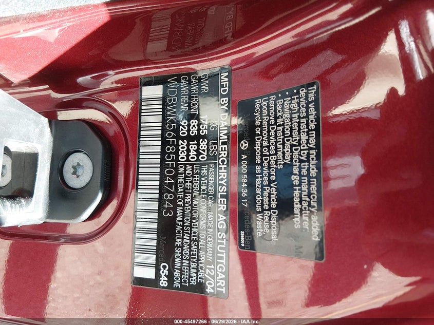 2005 Mercedes-Benz Slk 350 VIN: WDBWK56F85F047843 Lot: 45497266