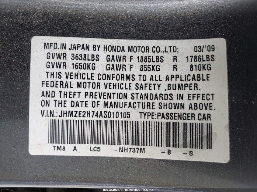 2010 Honda Insight Ex VIN: JHMZE2H74AS010105 Lot: 45497273