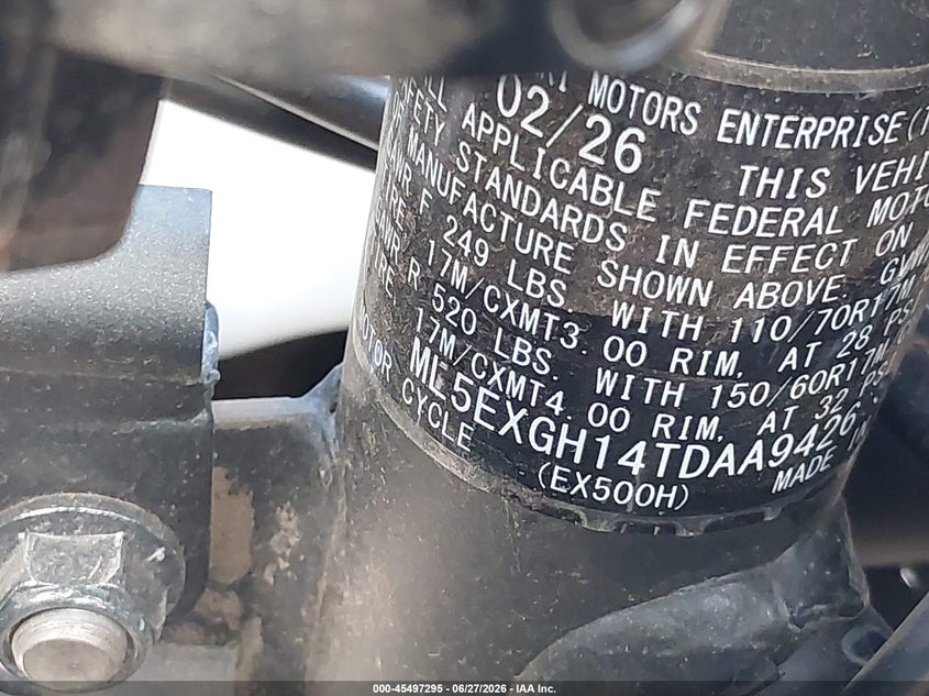 2026 Kawasaki Ex500 H VIN: ML5EXGH14TDAA9426 Lot: 45497295
