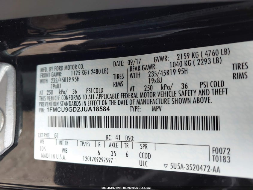 VIN 1FMCU9GD2JUA18584 2018 FORD ESCAPE SE