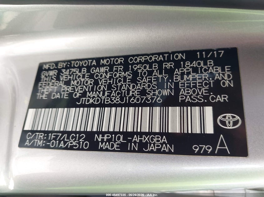 2018 Toyota Prius C Four VIN: JTDKDTB38J1607376 Lot: 45497335
