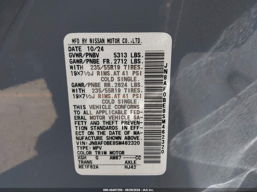 2025 Nissan Ariya Engage VIN: JN8AF0BE8SM462320 Lot: 45497358