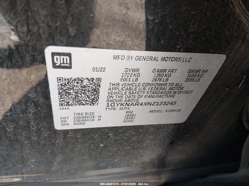 2022 Cadillac Xt5 Fwd Luxury VIN: 1GYKNAR4XNZ123243 Lot: 45497370