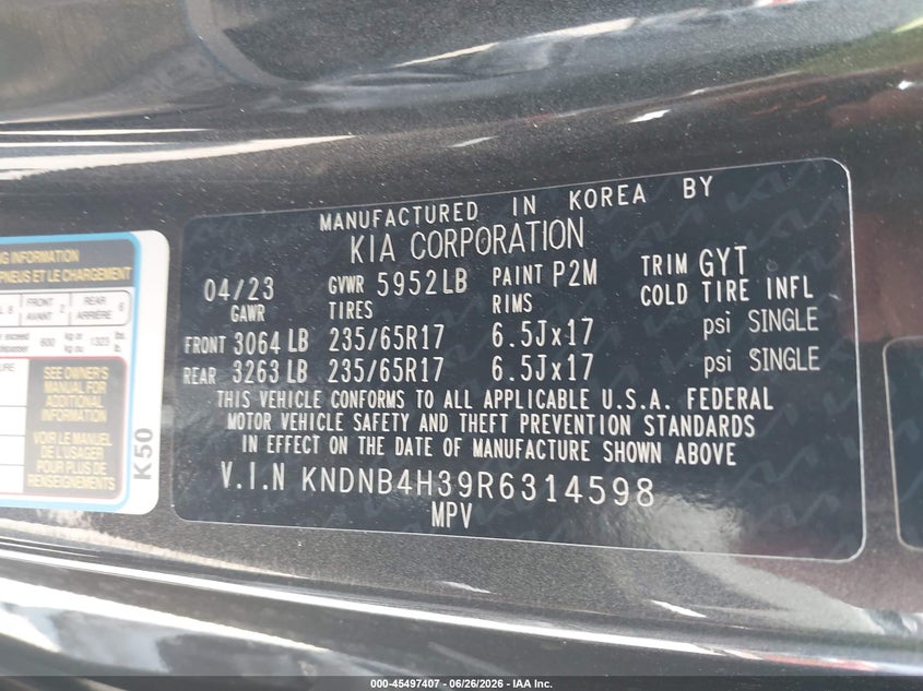 2024 Kia Carnival Mpv Lx Seat Package VIN: KNDNB4H39R6314598 Lot: 45497407