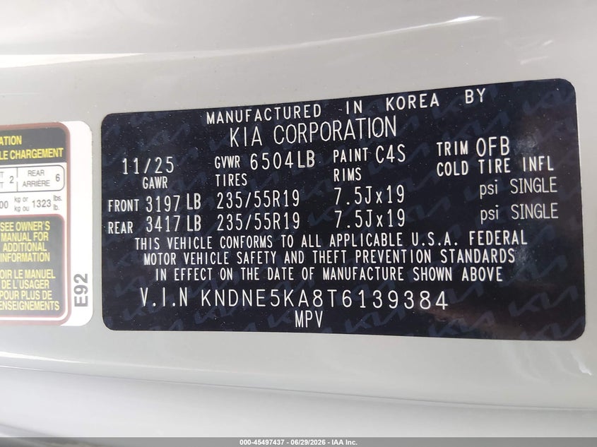2026 Kia Carnival Mpv Hybrid Sx VIN: KNDNE5KA8T6139384 Lot: 45497437