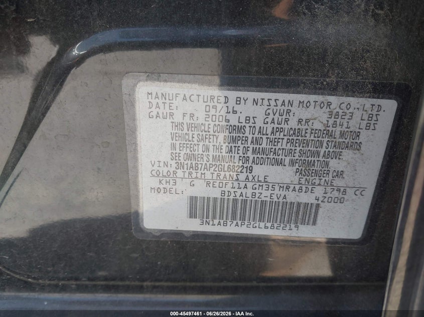 2016 NISSAN SENTRA SEDAN 1.8L I-4 DOHC, VVT, 124HP