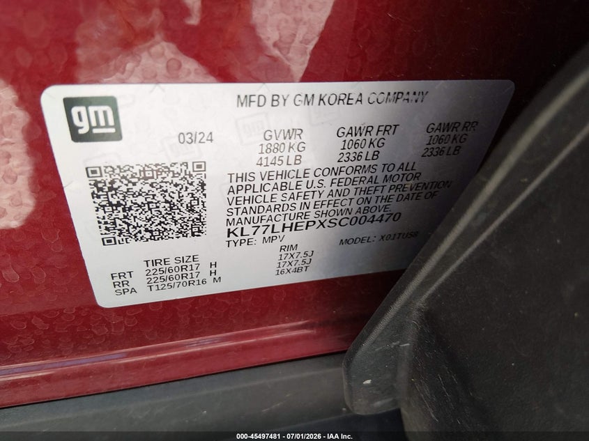 CHEVROLET TRAX 2025 VIN KL77LHEPXSC004470