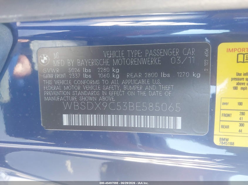 2011 BMW M3 VIN: WBSDX9C53BE585065 Lot: 45497598
