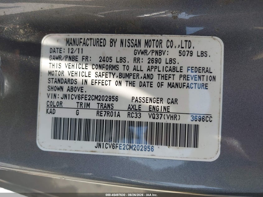2012 Infiniti G37 VIN: JN1CV6FE2CM202956 Lot: 45497630