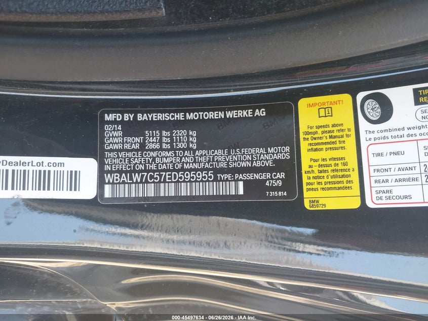 2014 BMW 640I VIN: WBALW7C57ED595955 Lot: 45497634