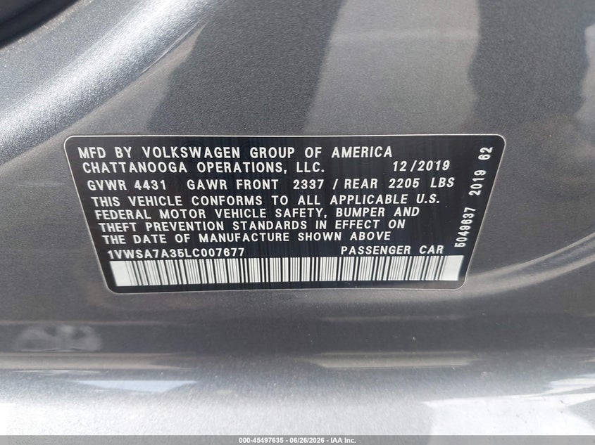 2020 VOLKSWAGEN PASSAT SEDAN 2.0L I-4 DI, DOHC, VVT, TURBO, 174HP