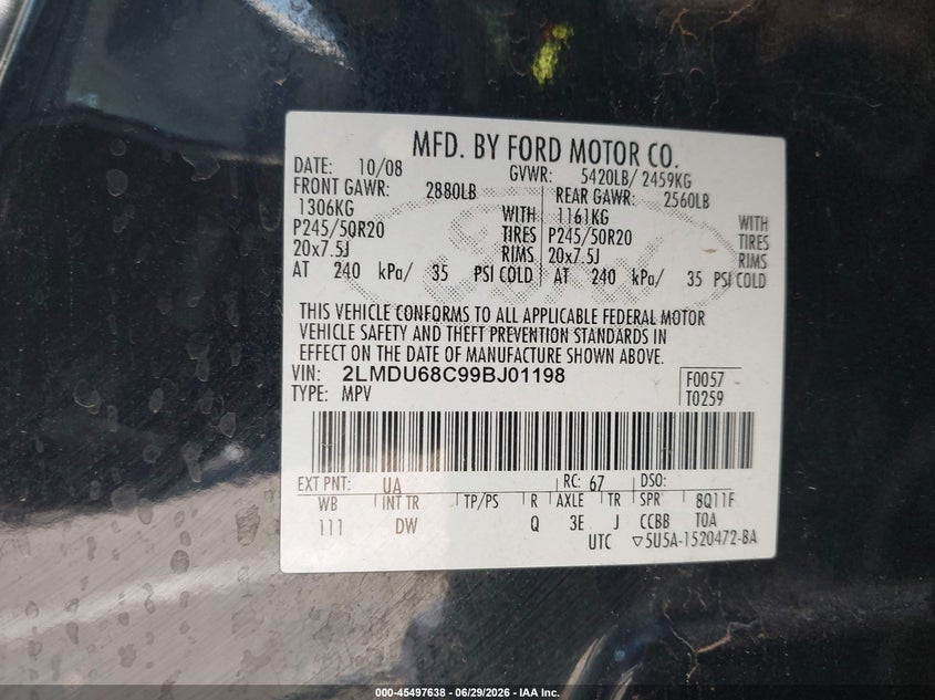 2009 Lincoln Mkx VIN: 2LMDU68C99BJ01198 Lot: 45497638