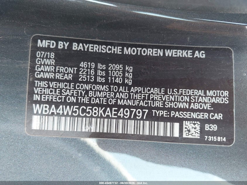 2019 BMW 430I xDrive VIN: WBA4W5C58KAE49797 Lot: 45497732