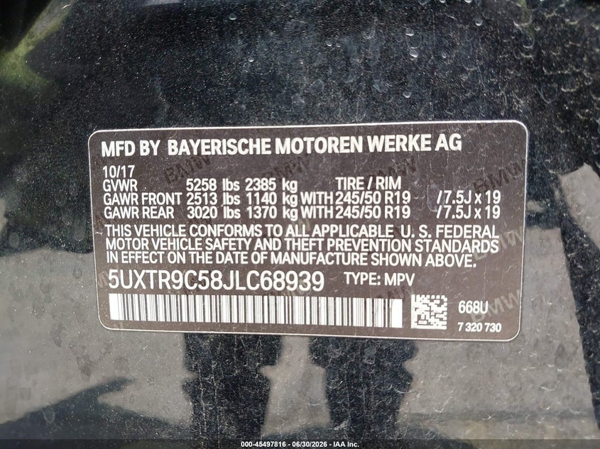 BMW X3 2018 VIN 5UXTR9C58JLC68939