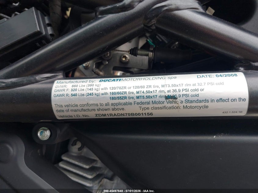 2009 Ducati Monster 696 VIN: ZDM1RADN79B001156 Lot: 45497848