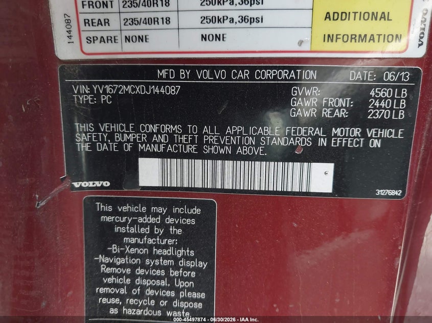 2013 Volvo C70 T5 VIN: YV1672MCXDJ144087 Lot: 45497874