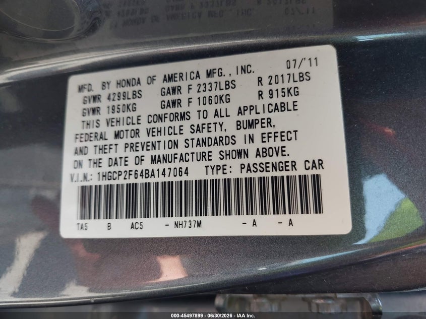 2011 HONDA ACCORD SEDAN 2.4L I-4 DOHC, VVT, 177HP