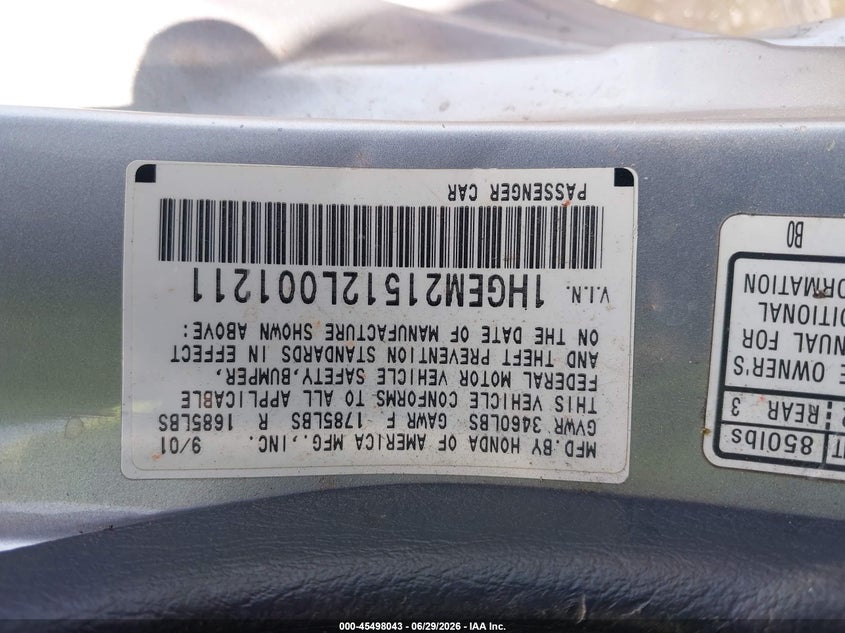 2002 HONDA CIVIC COUPE 1.7L I-4 115HP