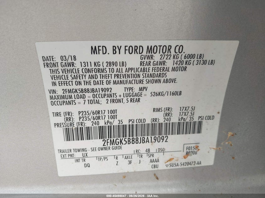 2018 Ford Flex Se VIN: 2FMGK5B88JBA19092 Lot: 45498047