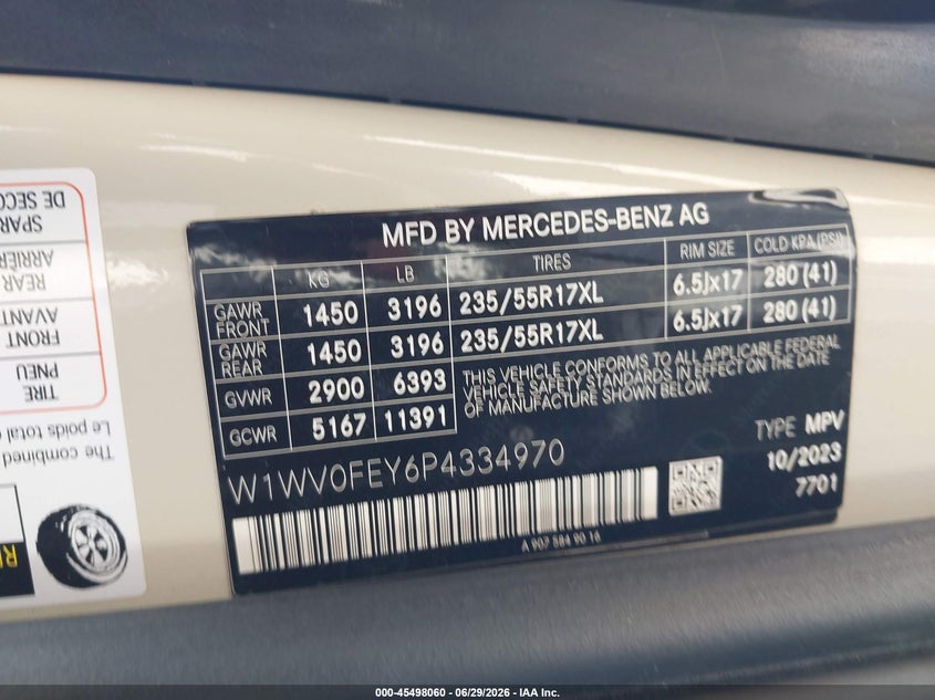 2023 Mercedes-Benz Metris VIN: W1WV0FEY6P4334970 Lot: 45498060