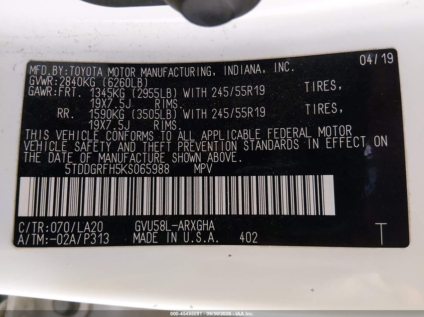 TOYOTA HIGHLANDER HYBRID 2019 VIN 5TDDGRFH5KS065988