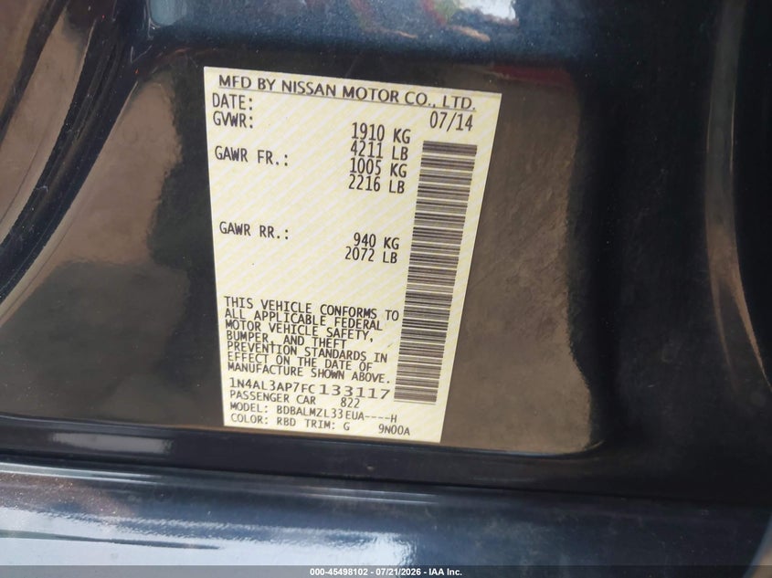 2015 Nissan Altima 2.5 Sv VIN: 1N4AL3AP7FC133117 Lot: 45498102
