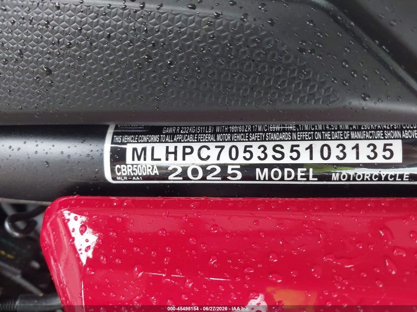 2025 Honda Cbr500 Ra VIN: MLHPC7053S5103135 Lot: 45498154