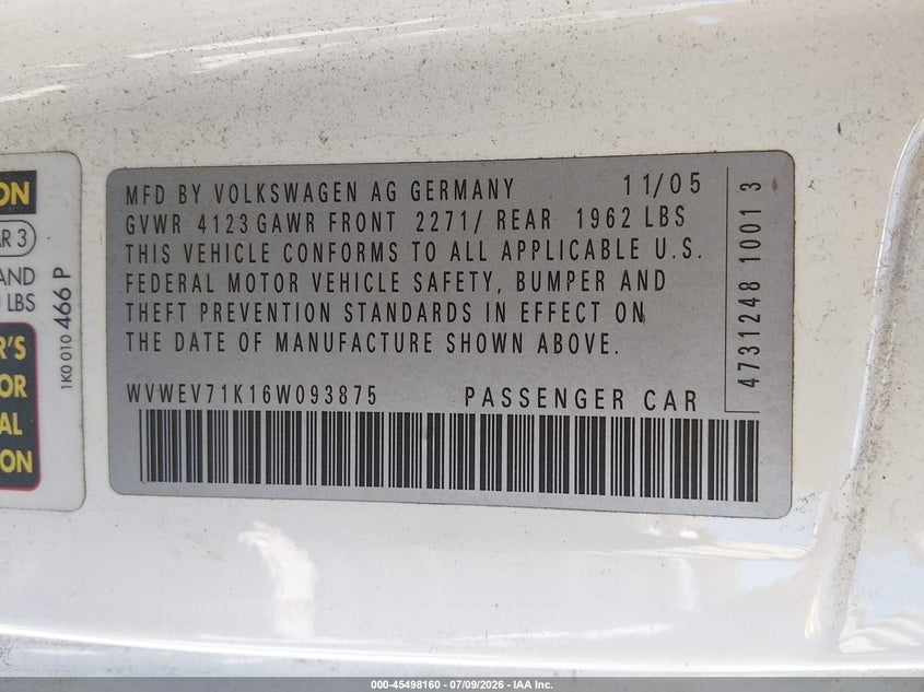 2006 Volkswagen Gti 2-Door VIN: WVWEV71K16W093875 Lot: 45498160