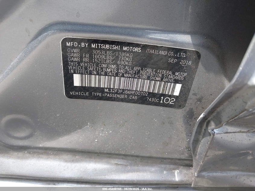MITSUBISHI MIRAGE G4 2019 VIN ML32F3FJ6KHF00702