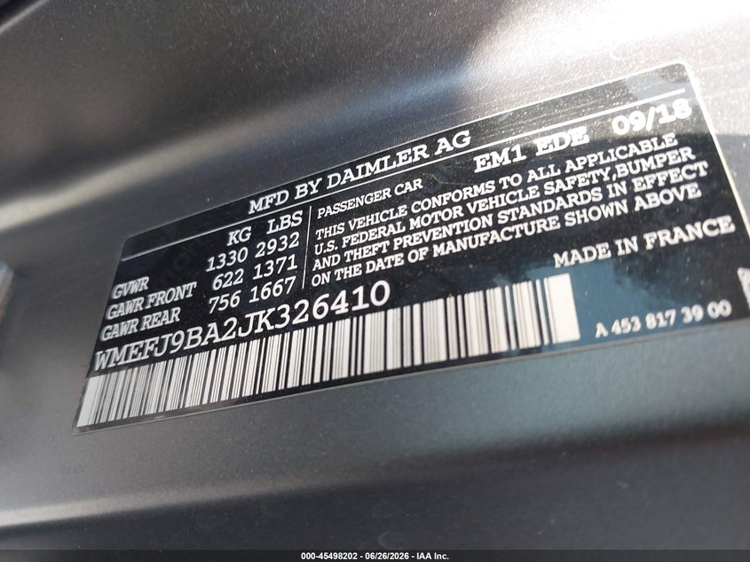2018 Smart Fortwo Electric Drive Passion VIN: WMEFJ9BA2JK326410 Lot: 45498202