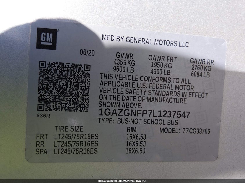 2020 Chevrolet Express Passenger Rwd 3500 Extended Wheelbase Ls VIN: 1GAZGNFP7L1237547 Lot: 45498253