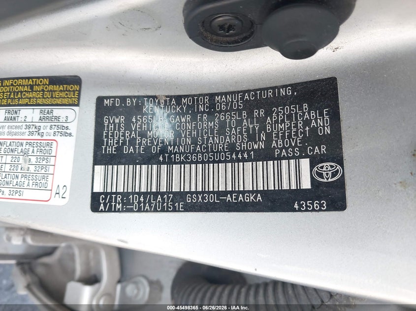 2005 Toyota Avalon Xls VIN: 4T1BK36B05U054441 Lot: 45498365