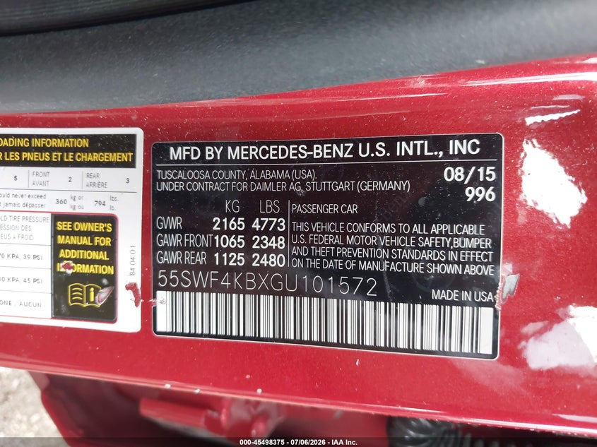 2016 Mercedes-Benz C 300 Sport 4Matic VIN: 55SWF4KBXGU101572 Lot: 45498375