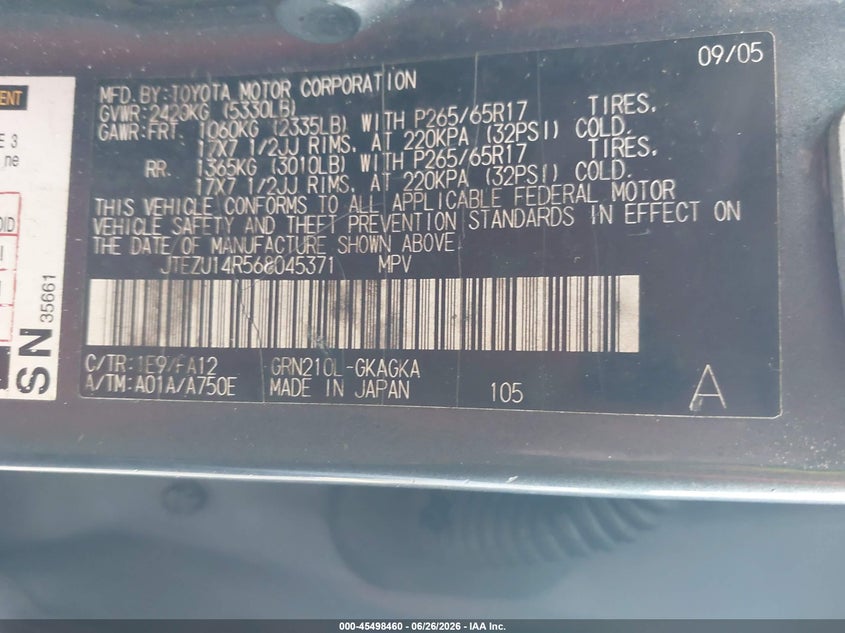 2006 Toyota 4Runner Sr5 V6 VIN: JTEZU14R568045371 Lot: 45498460