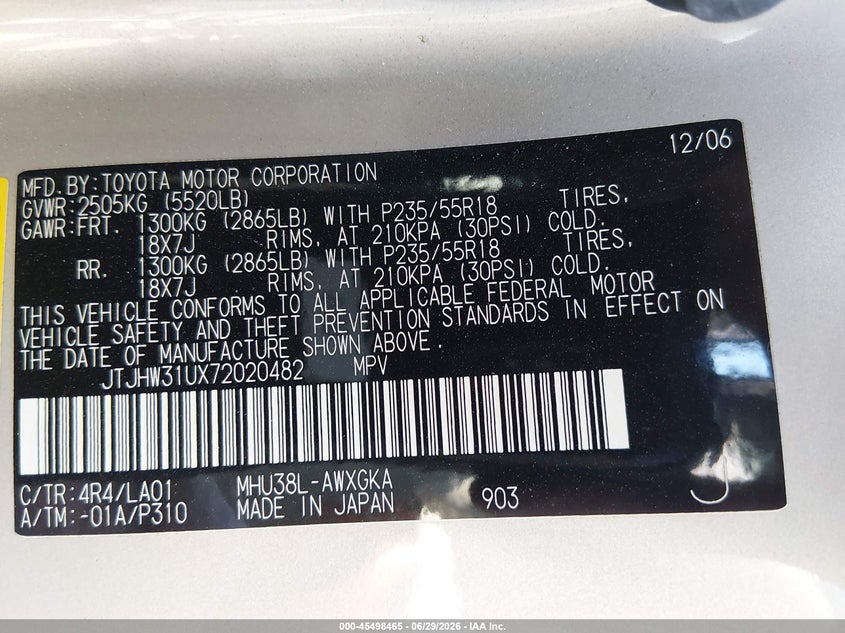 2007 Lexus Rx 400H VIN: JTJHW31UX72020482 Lot: 45498465
