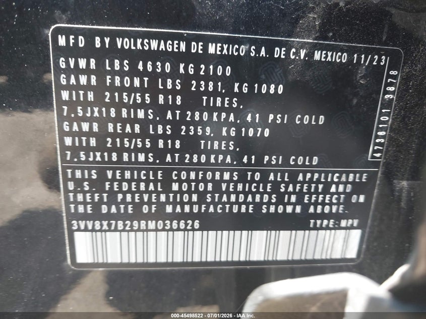 2024 Volkswagen Taos 1.5T S VIN: 3VV8X7B29RM036626 Lot: 45498522