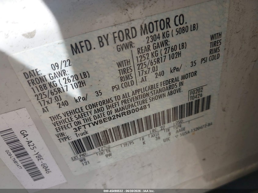 2022 Ford Maverick Lariat/Xl/Xlt VIN: 3FTTW8E92NRB00481 Lot: 45498532