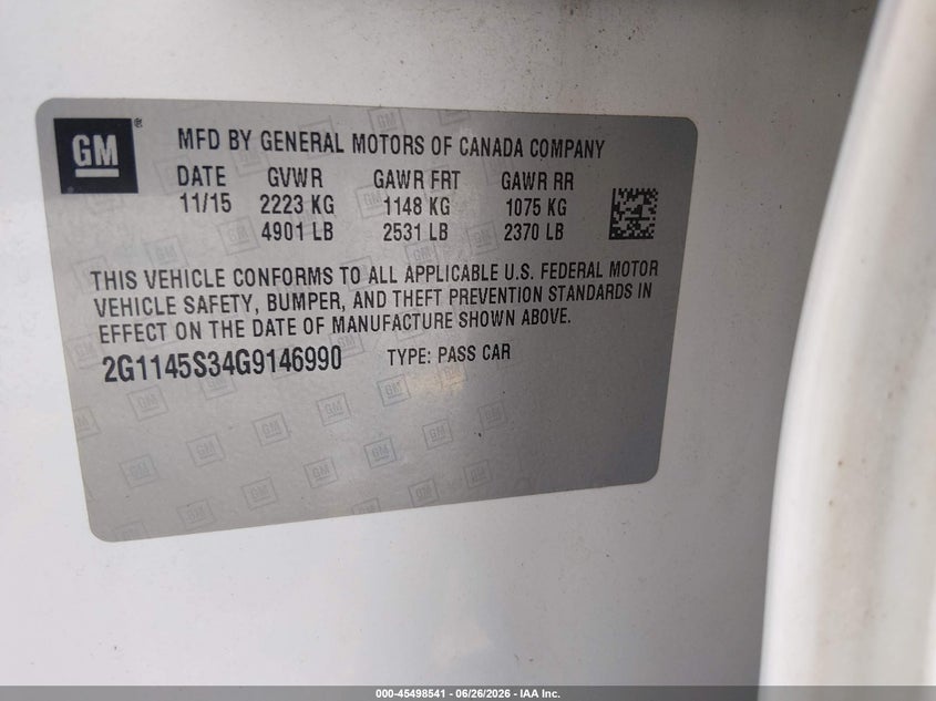2016 Chevrolet Impala 2Lz VIN: 2G1145S34G9146990 Lot: 45498541
