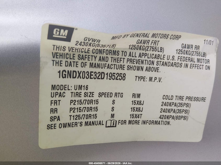 2002 Chevrolet Venture Plus 1Sb Pkg VIN: 1GNDX03E32D195258 Lot: 45498571